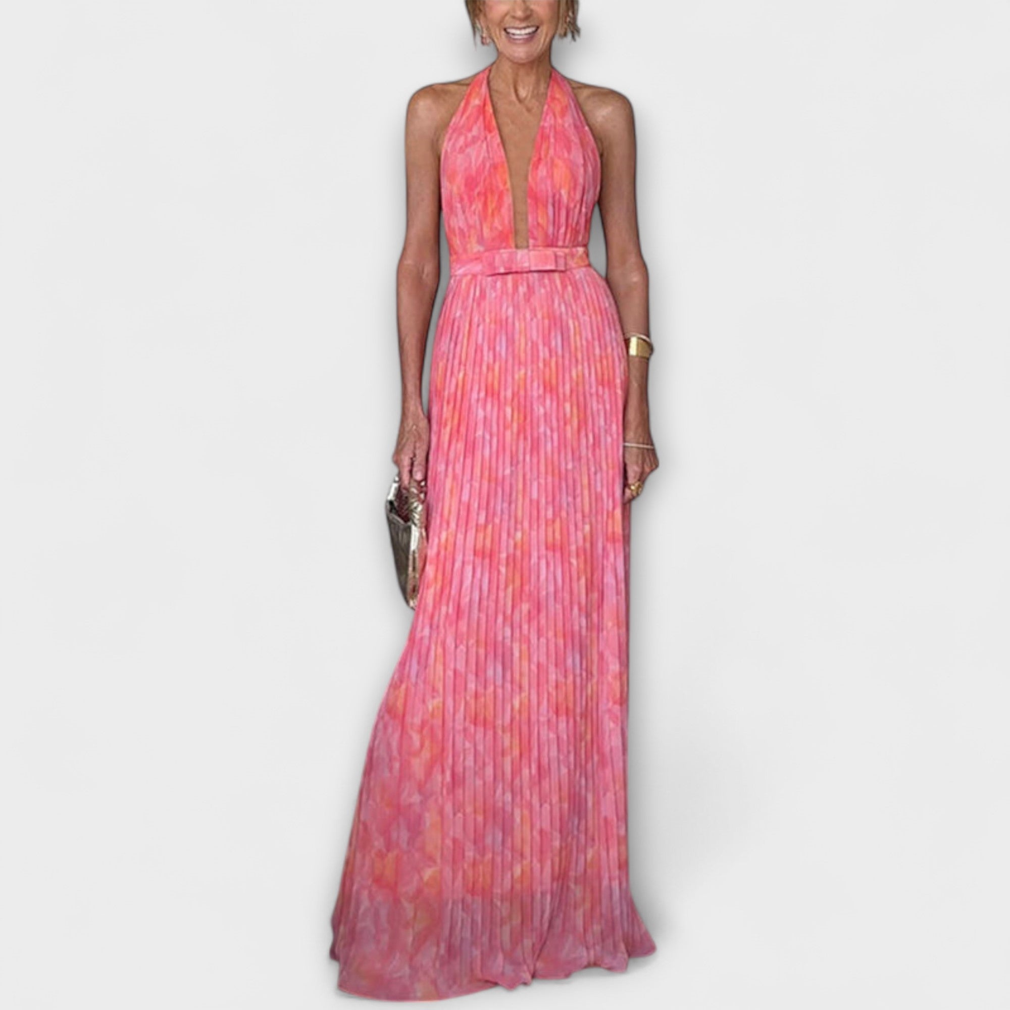 Seraphina - Schickes Neckholder V-Ausschnitt Falten Maxi Kleid