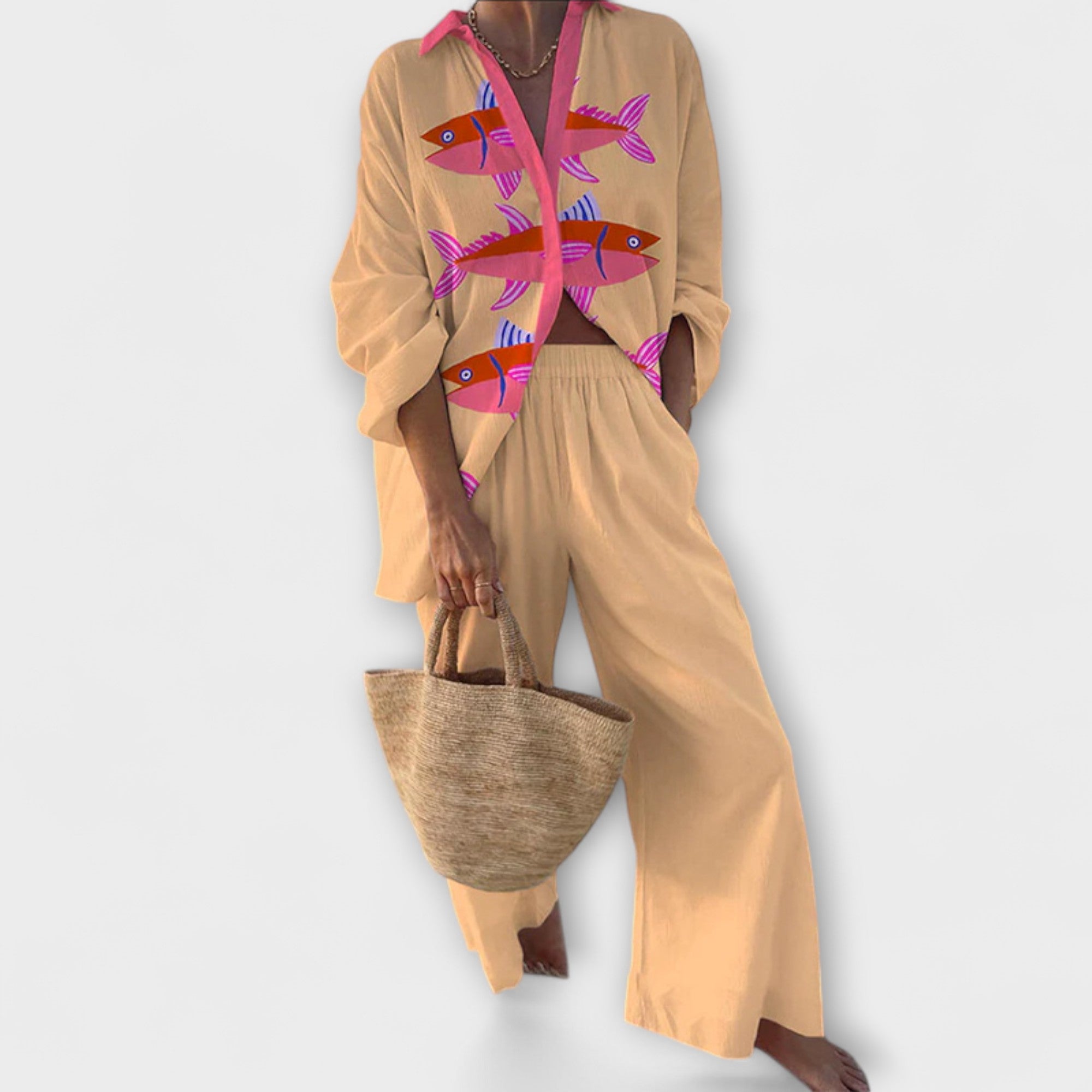 Evalisse – lniany garnitur z nadrukiem ryb