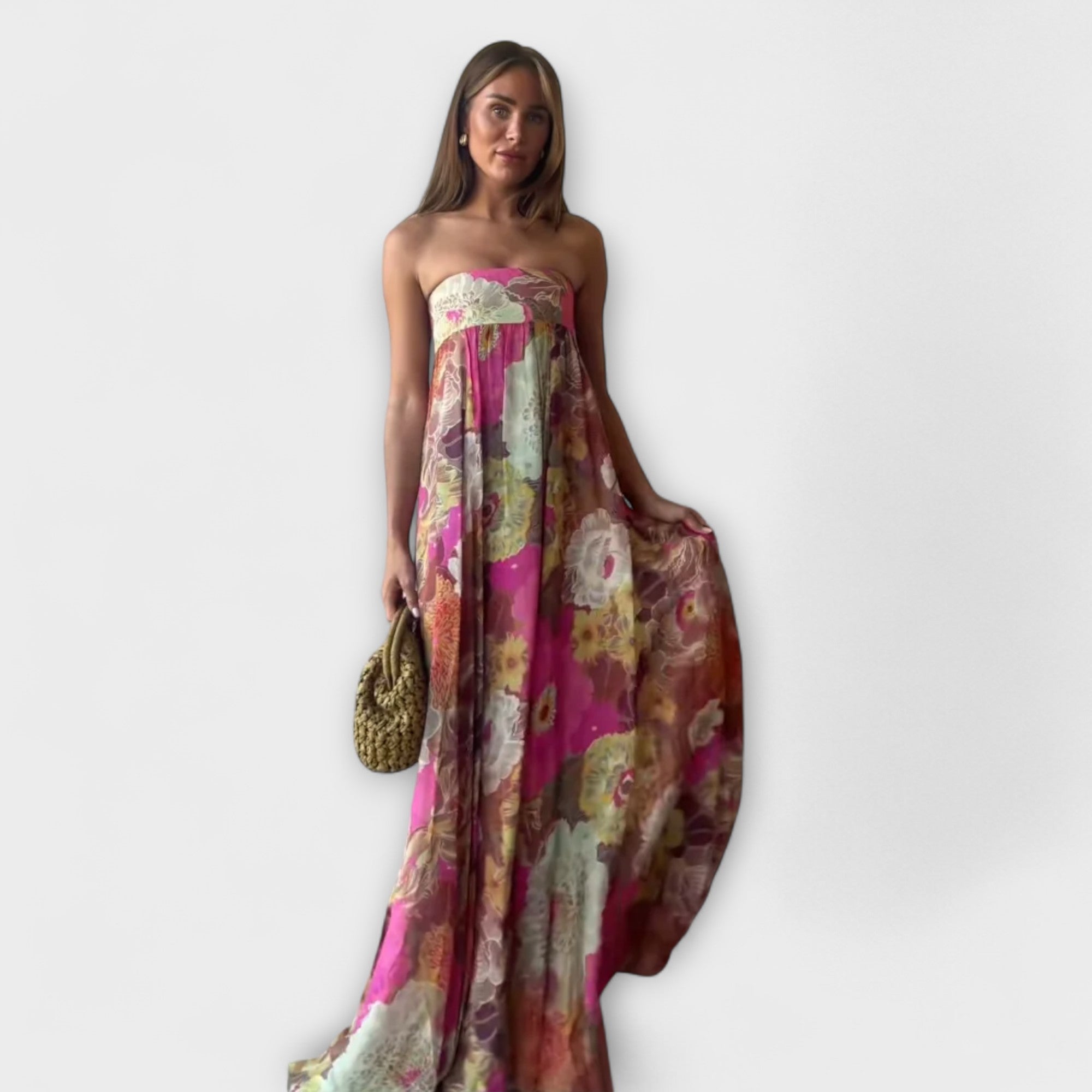 시크 레트로 스트랩리스 플리츠 맥시 드레스