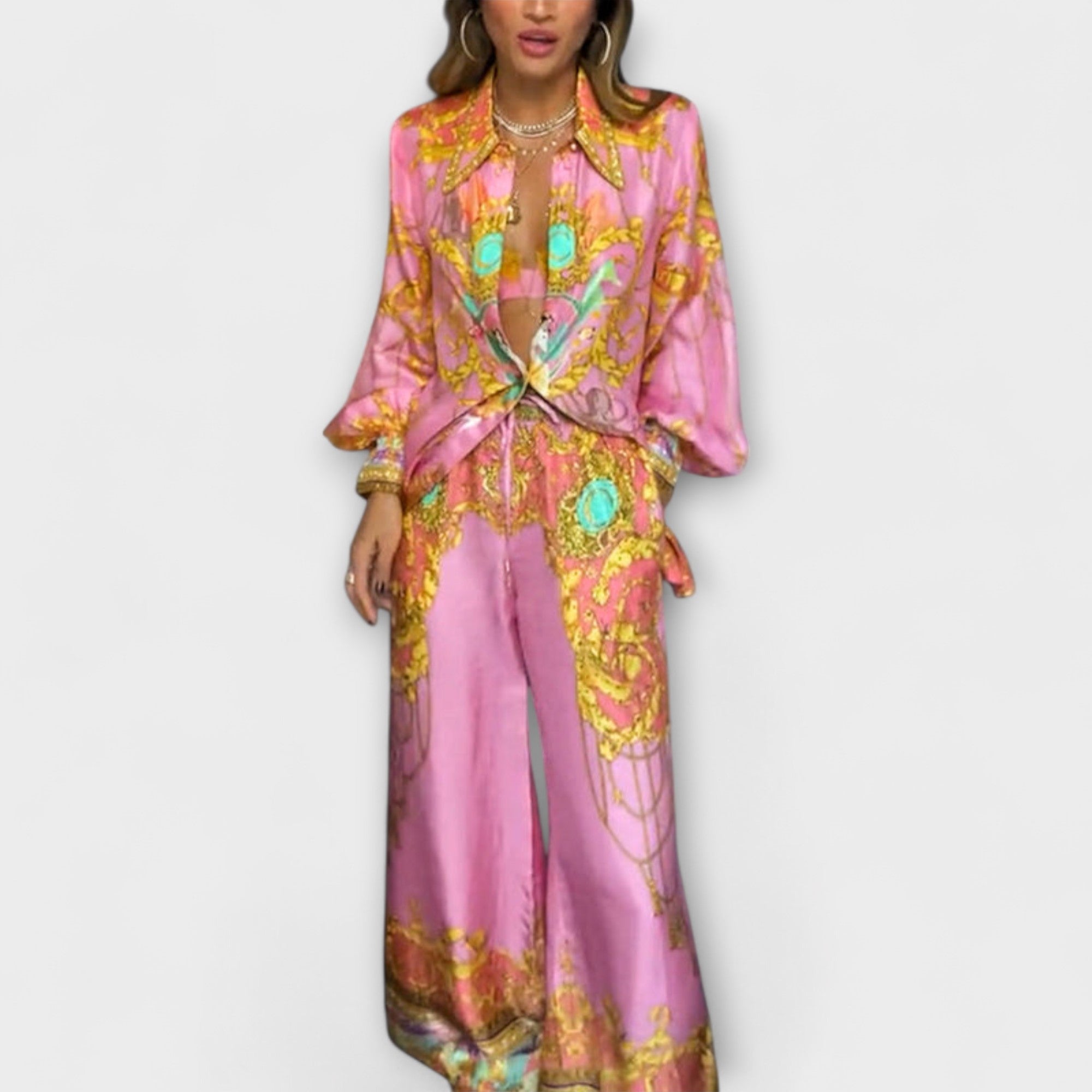 Sage - Mermaid Relaxed Overhemd en Elastische Taille Broek Set