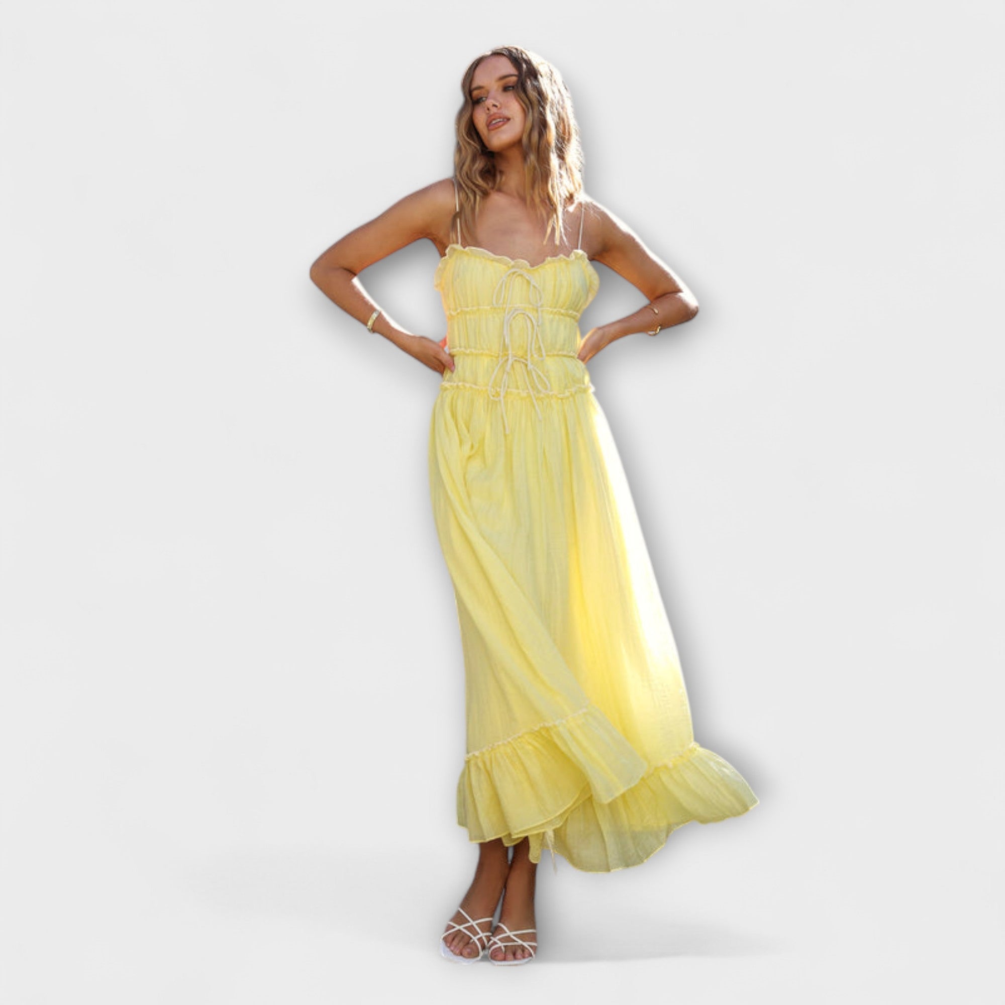 셀린 - 러플 헴 민소매 미디 드레스