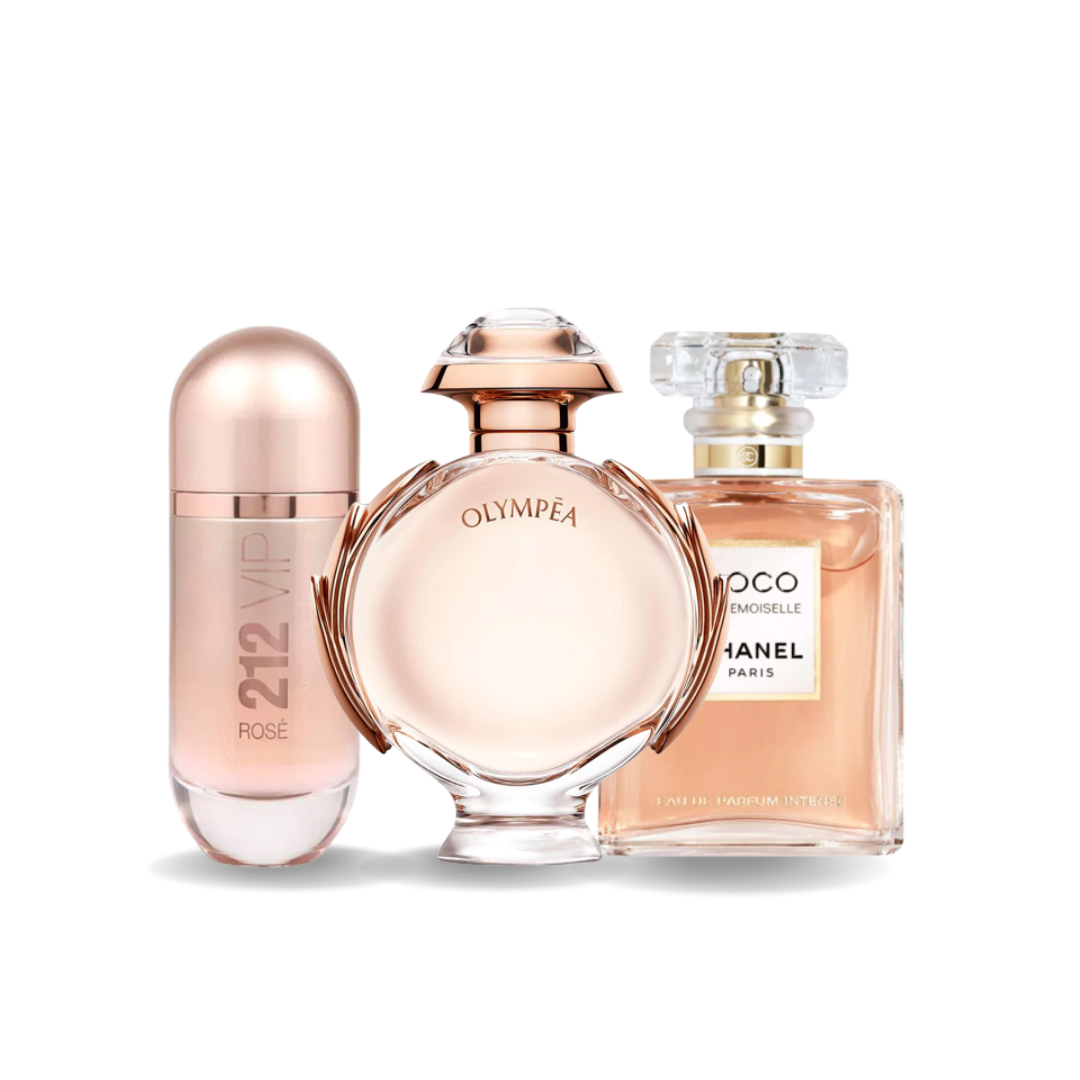 Combo of 3 Fragrances – 212 VIP Rosé by Carolina Herrera, Olympéa by Paco Rabanne and Coco Mademoiselle by Chanel [100 ml each]