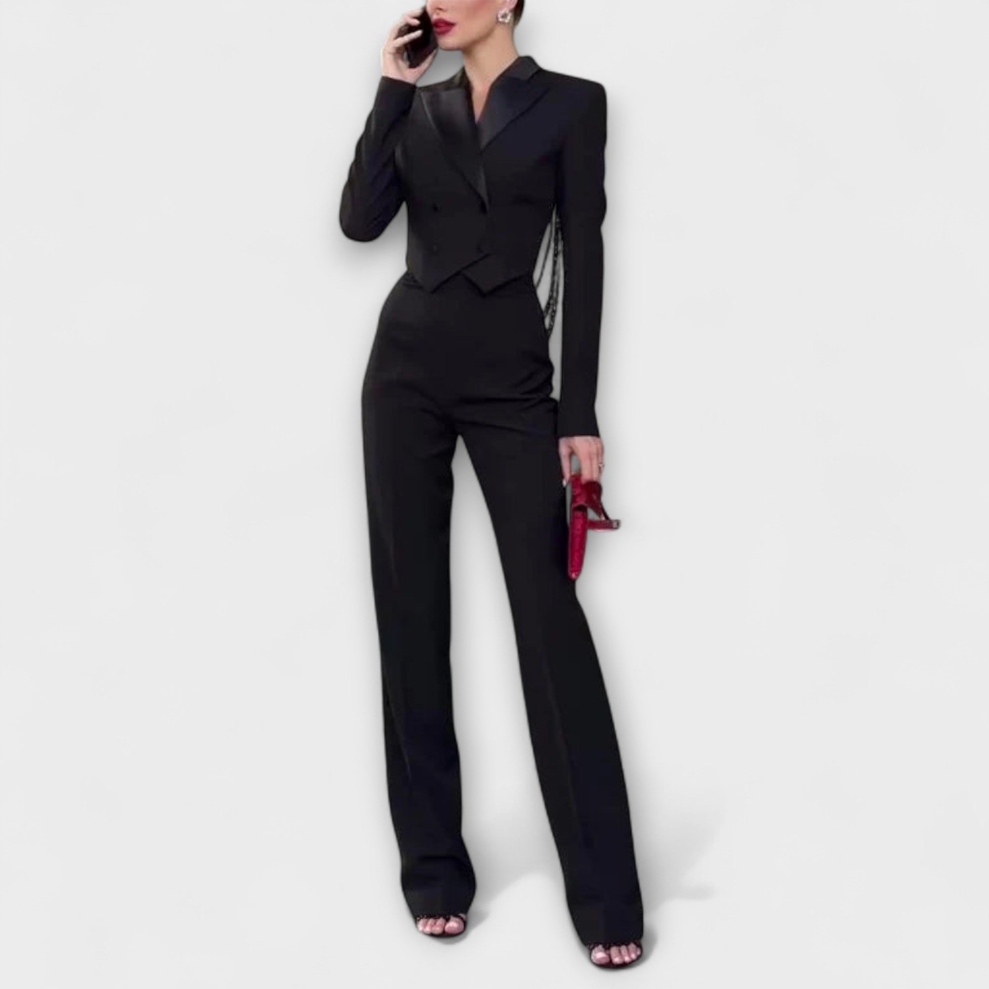 Noa - Zwart Parelversierd Rugloze Korte Blazer Set