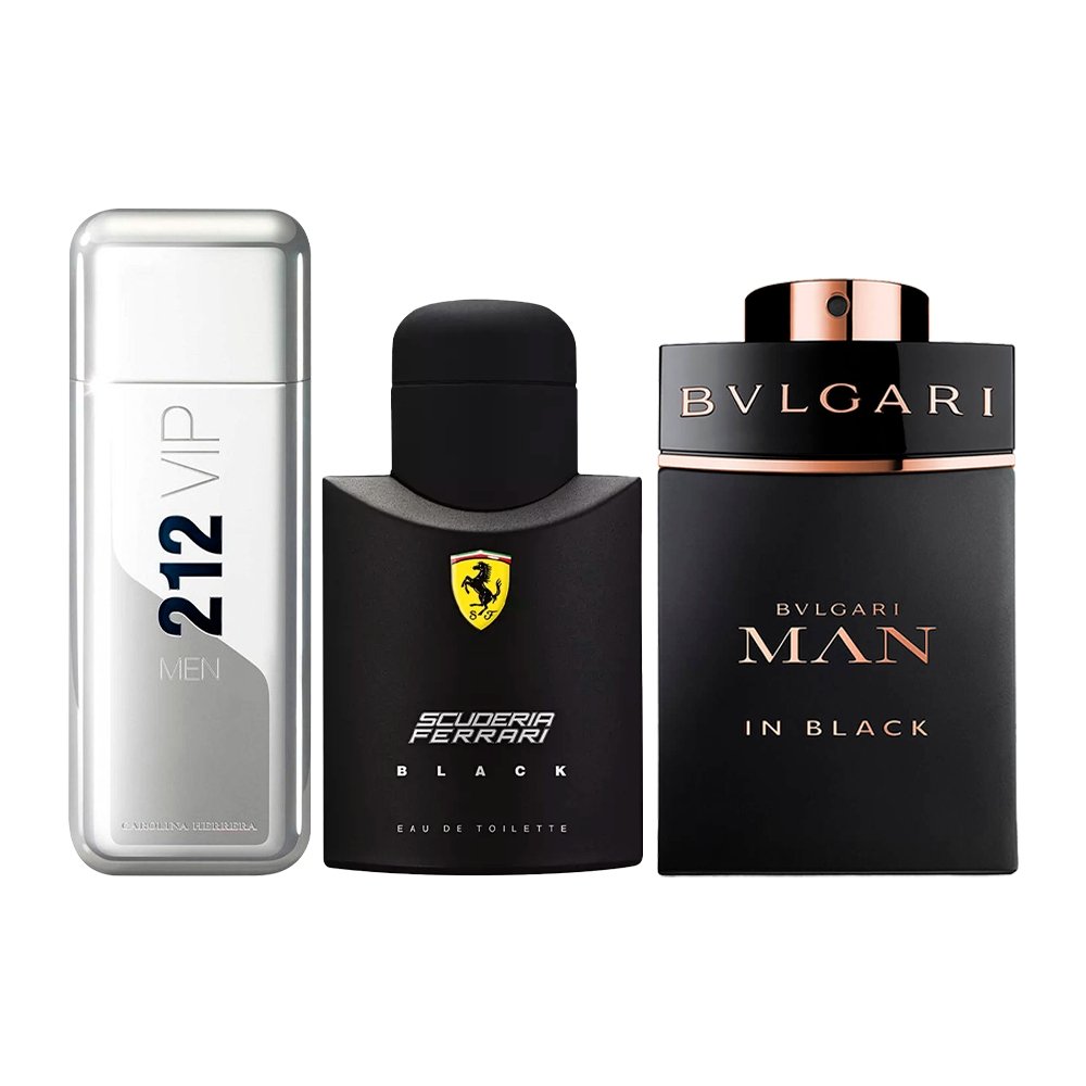 Combo of 3 Men's Fragrances – 212 VIP, Ferrari Black and Bvlgari In Black [100 ml each]