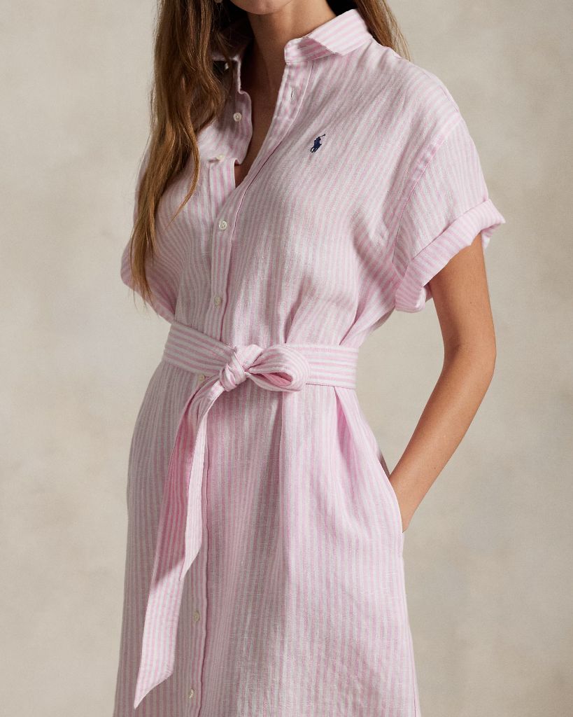 Striped Linen Short-Sleeve Shirtdress
